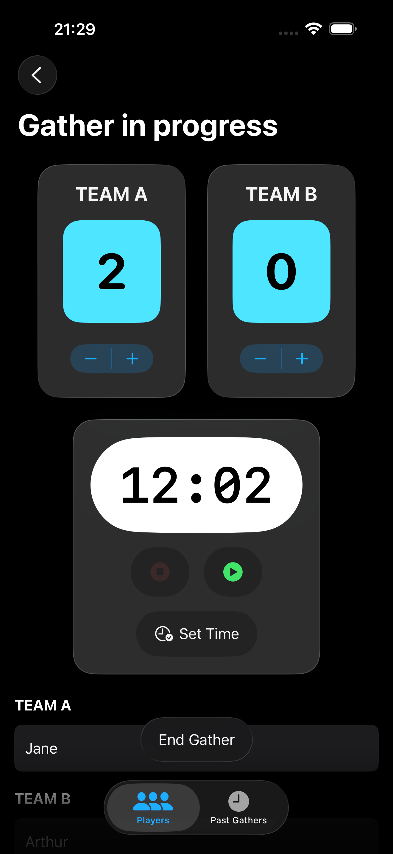 Gather in progress with live score and timer