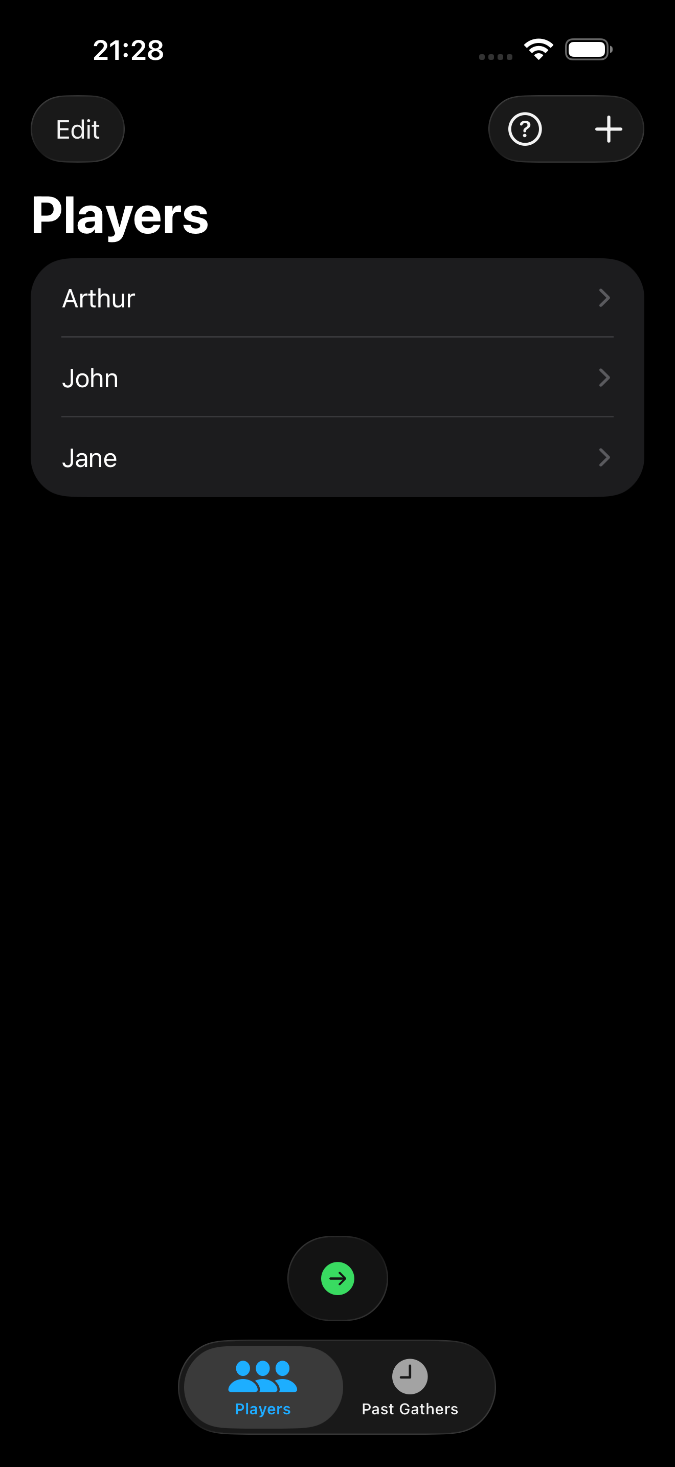 Players list screen showing team members