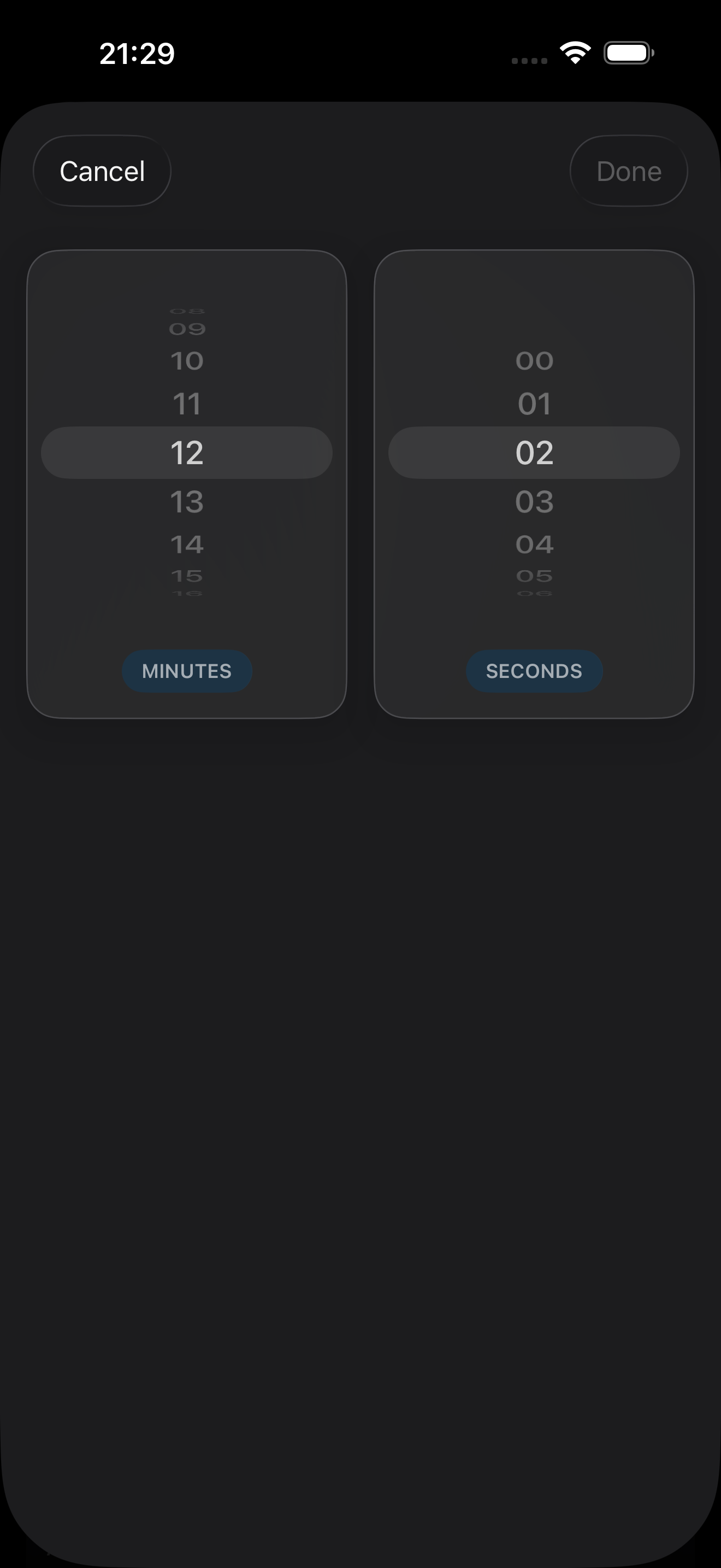 Set match timer with minutes and seconds picker